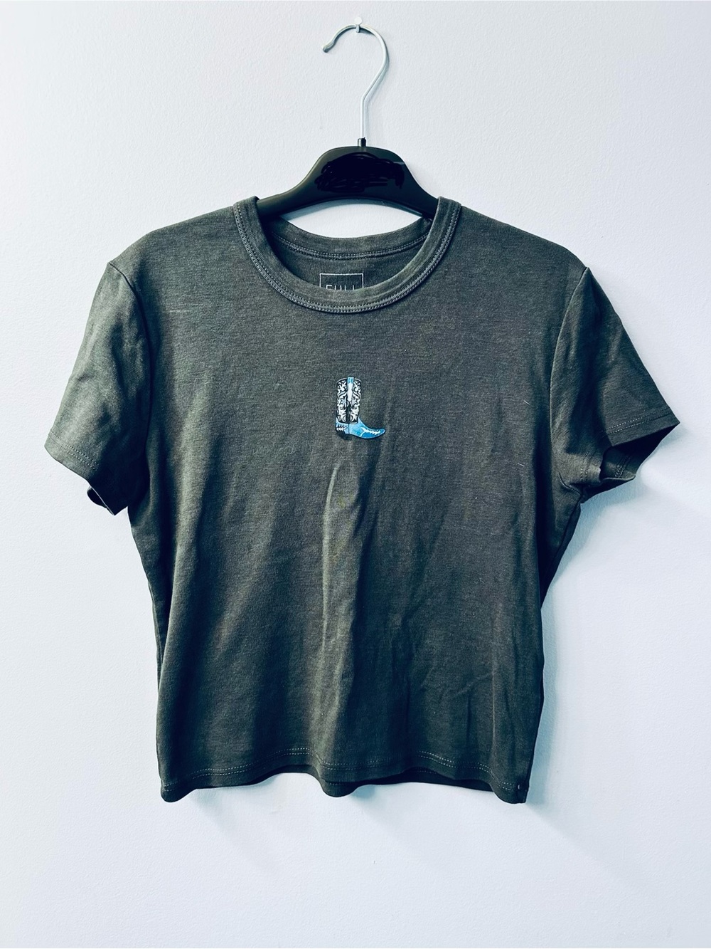 Gray Short-Sleeve Crewneck Tee with Embroidered Boot